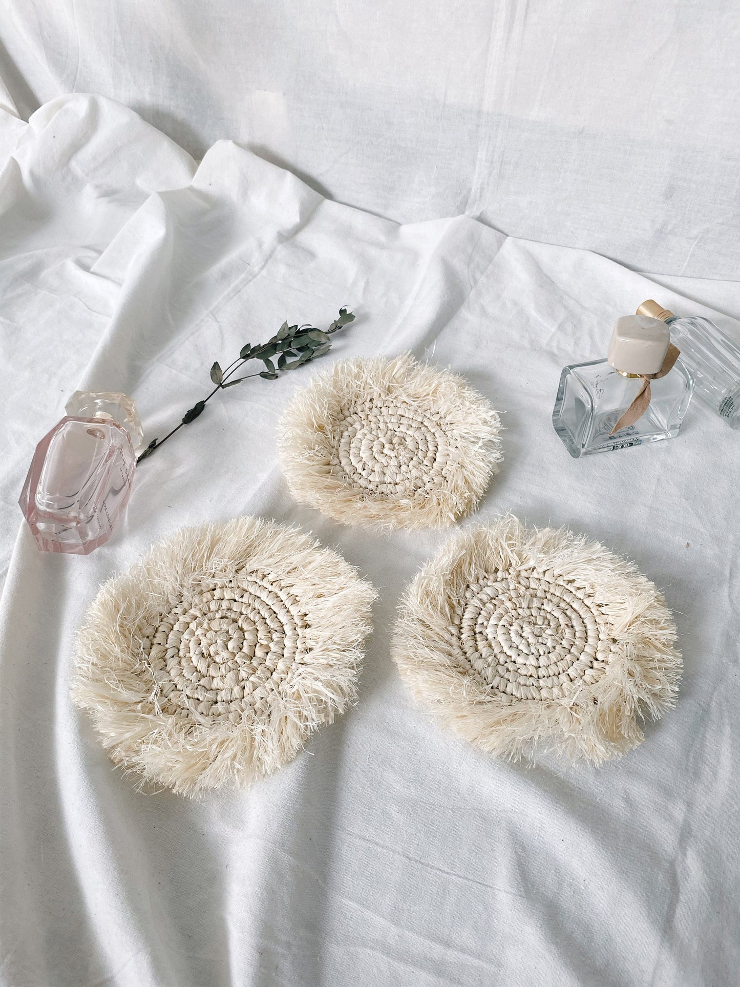 Set of White Bleach Raffia Coasters