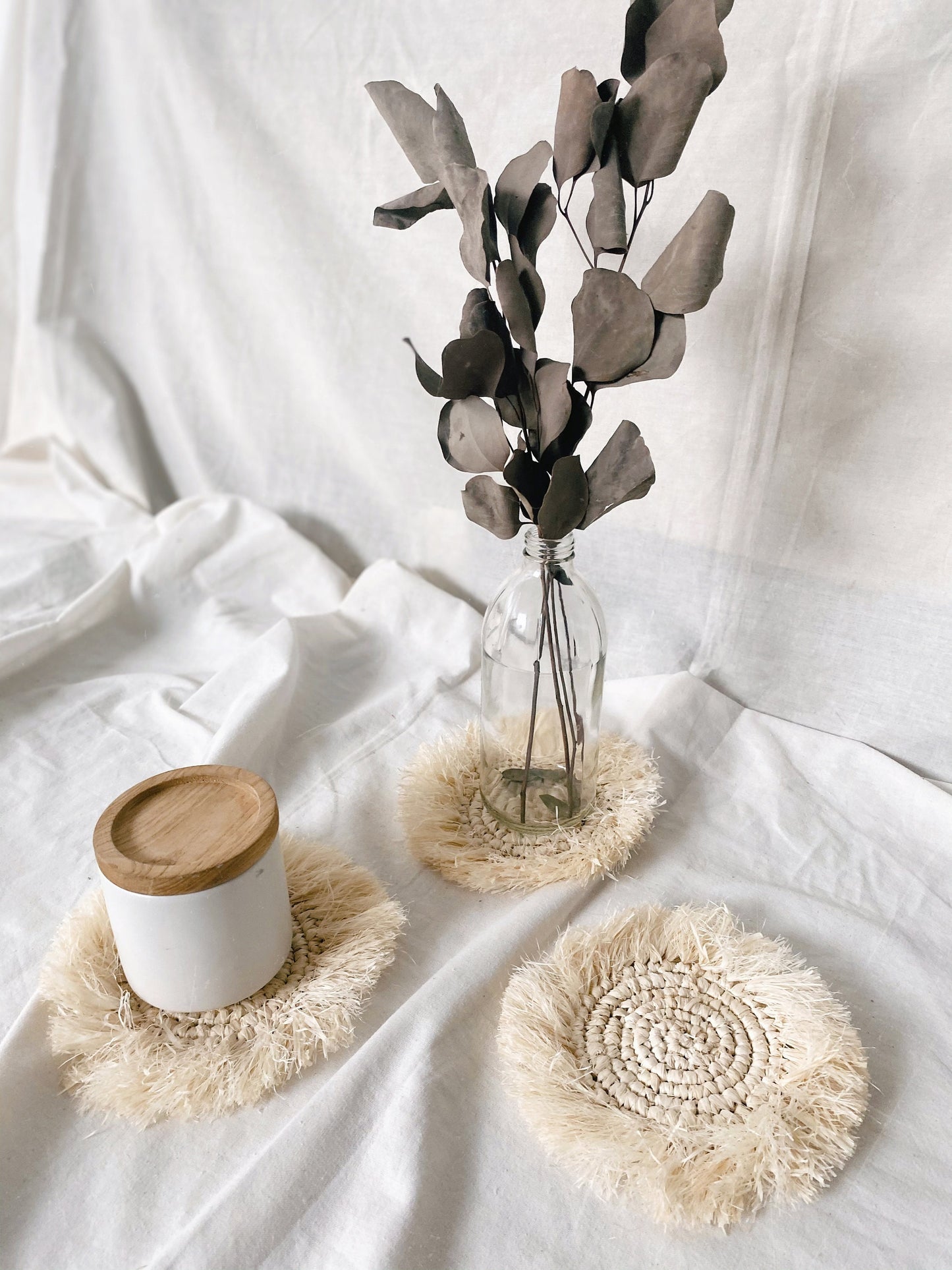 Set of White Bleach Raffia Coasters