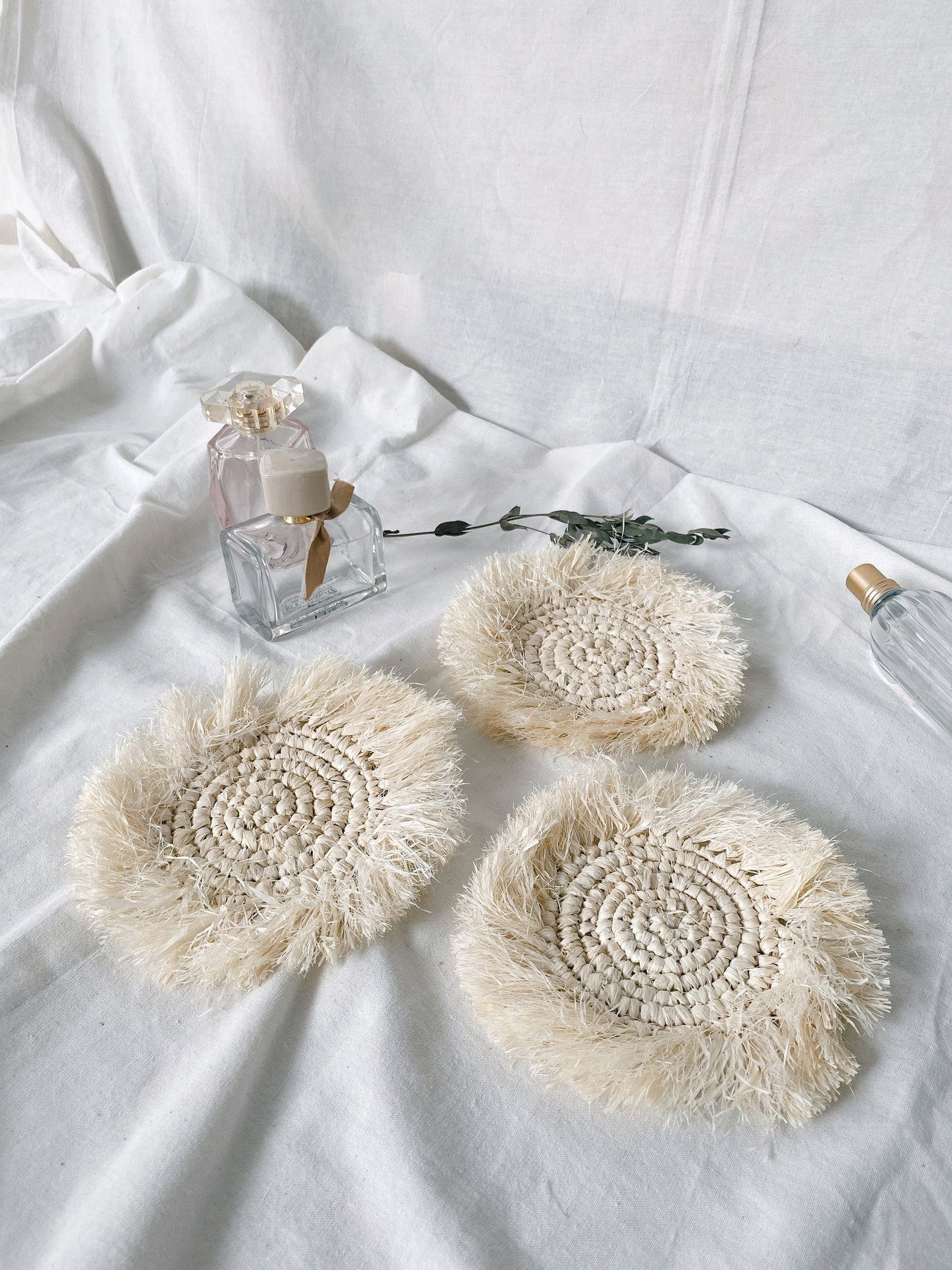 Set of White Bleach Raffia Coasters