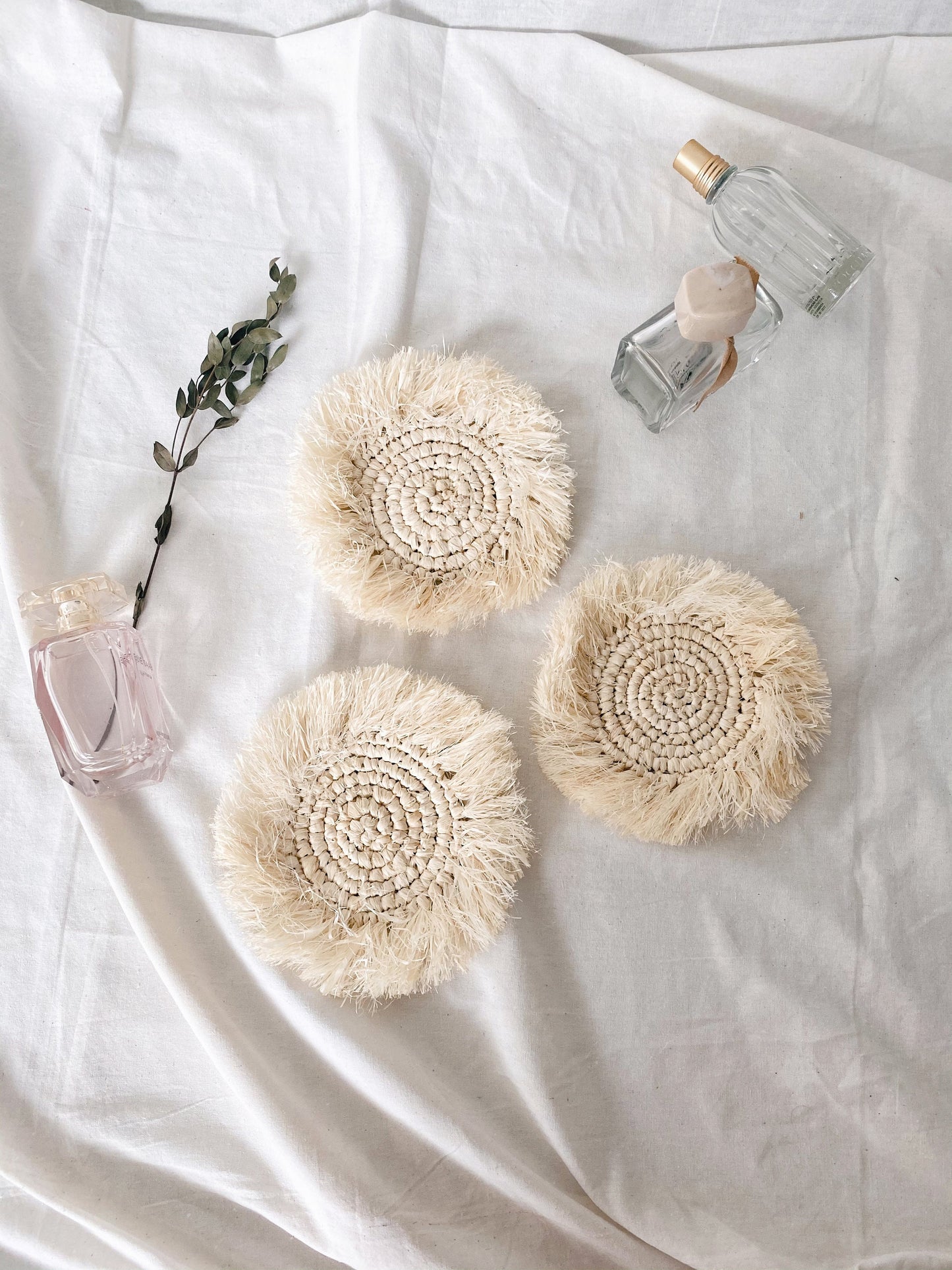 Set of White Bleach Raffia Coasters