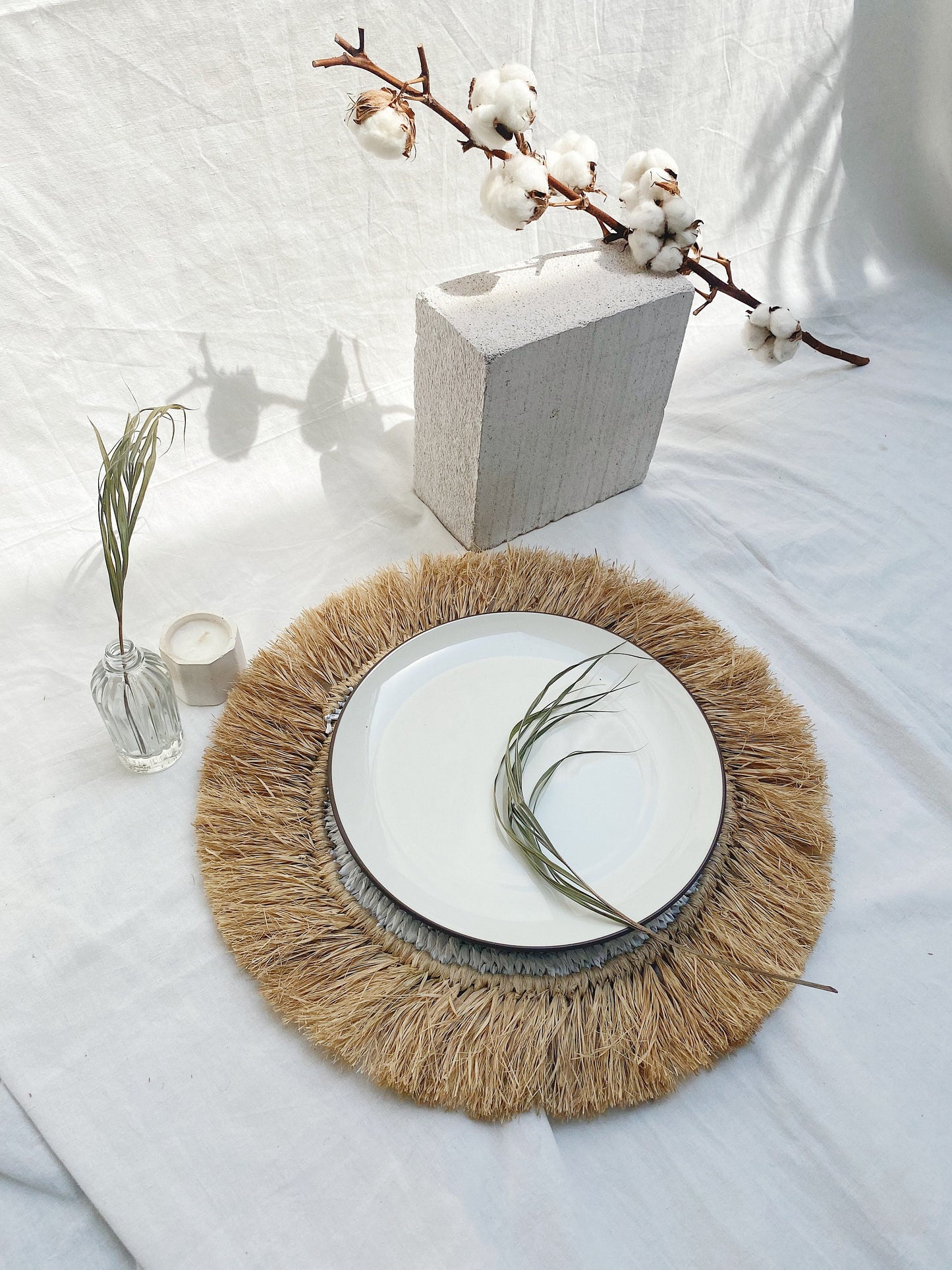 White Placemats with Natural Raffia Fringe