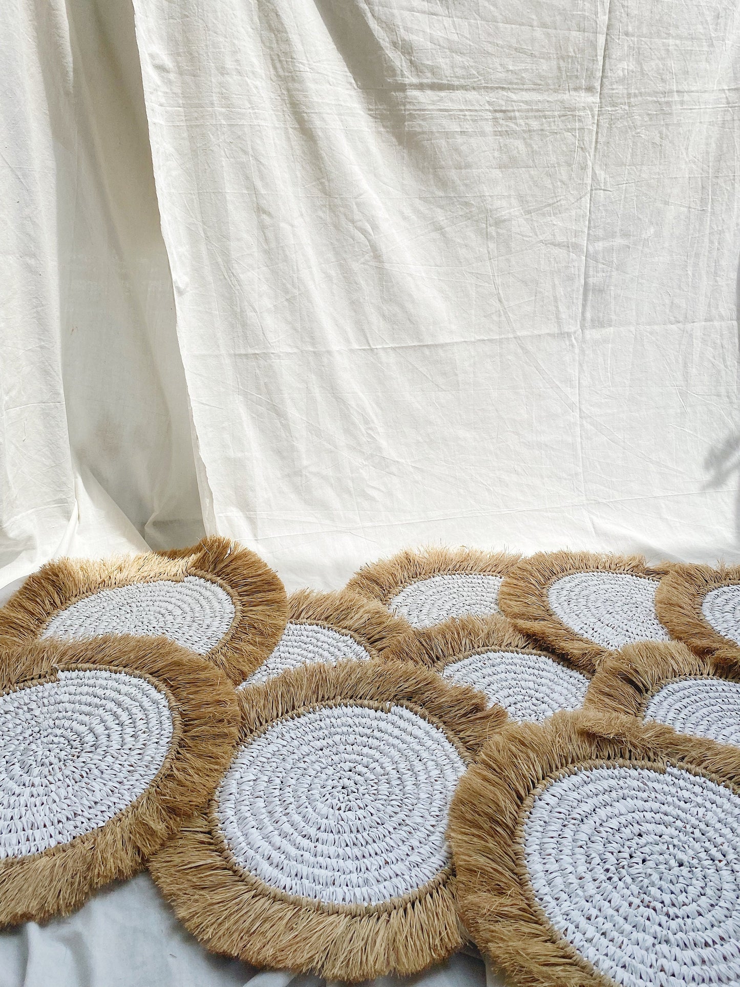 White Placemats with Natural Raffia Fringe