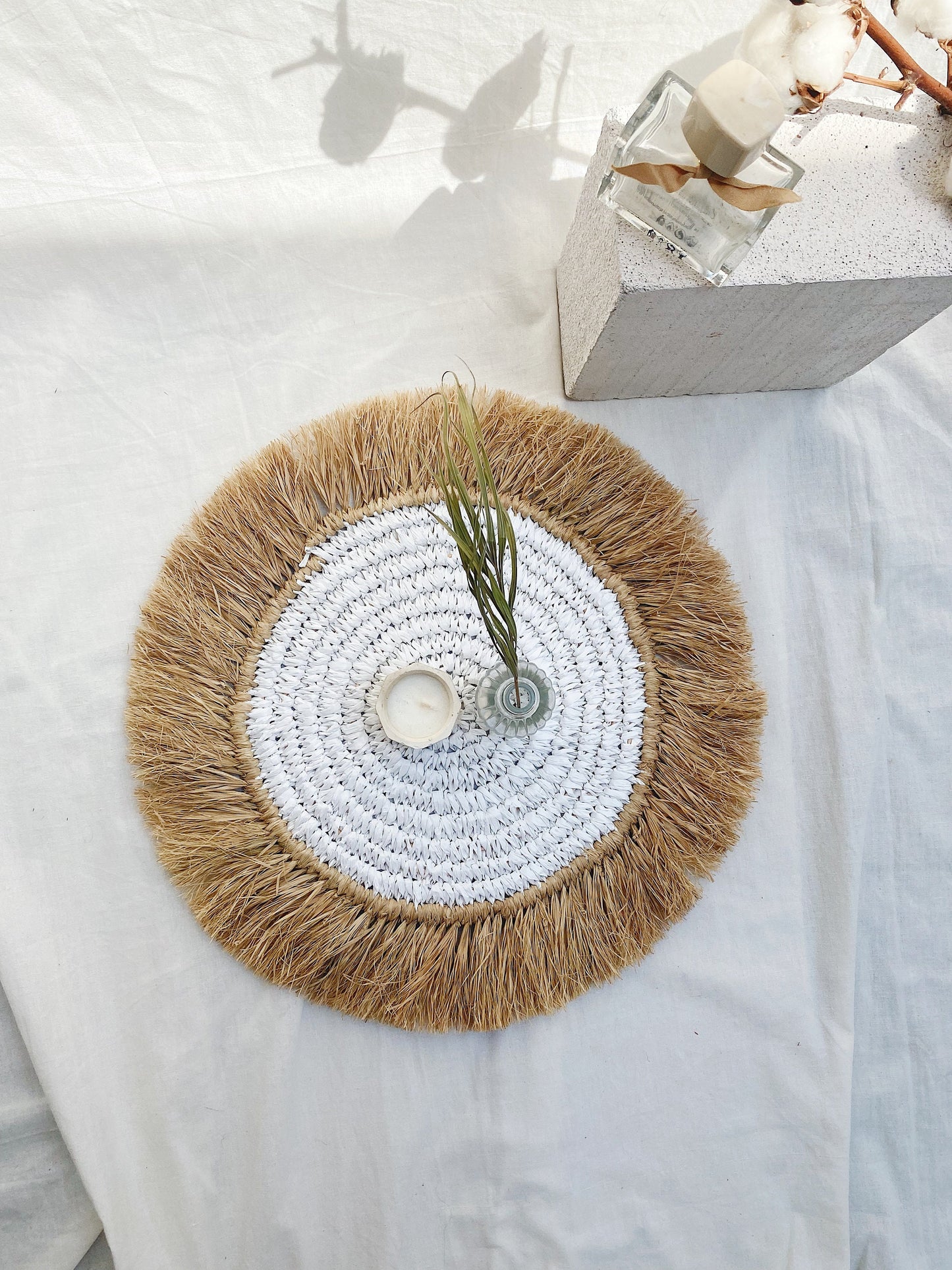 White Placemats with Natural Raffia Fringe