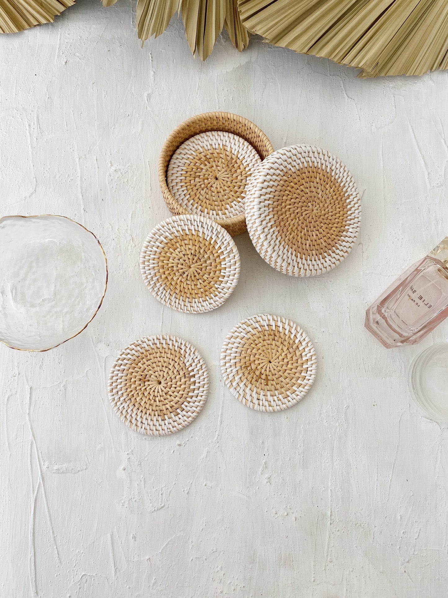 Set of 6 Lombok Rattan Coaster with Coaster Holder