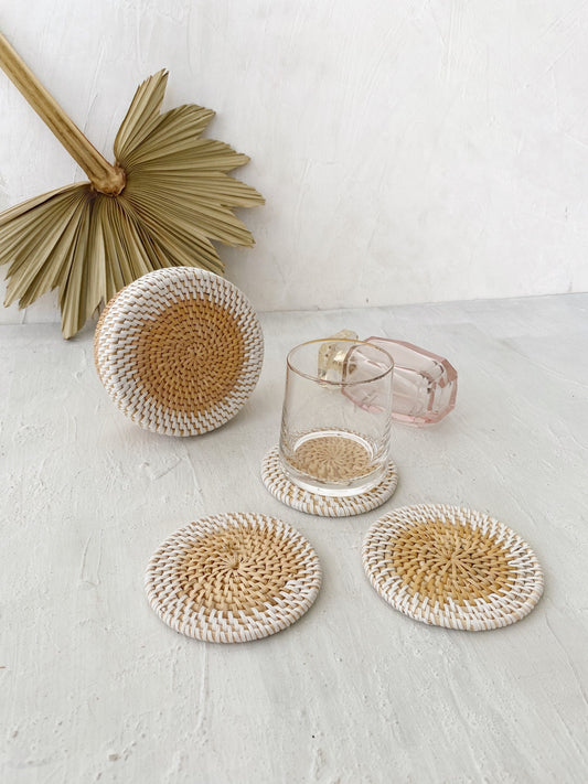 Set of 6 Lombok Rattan Coaster with Coaster Holder